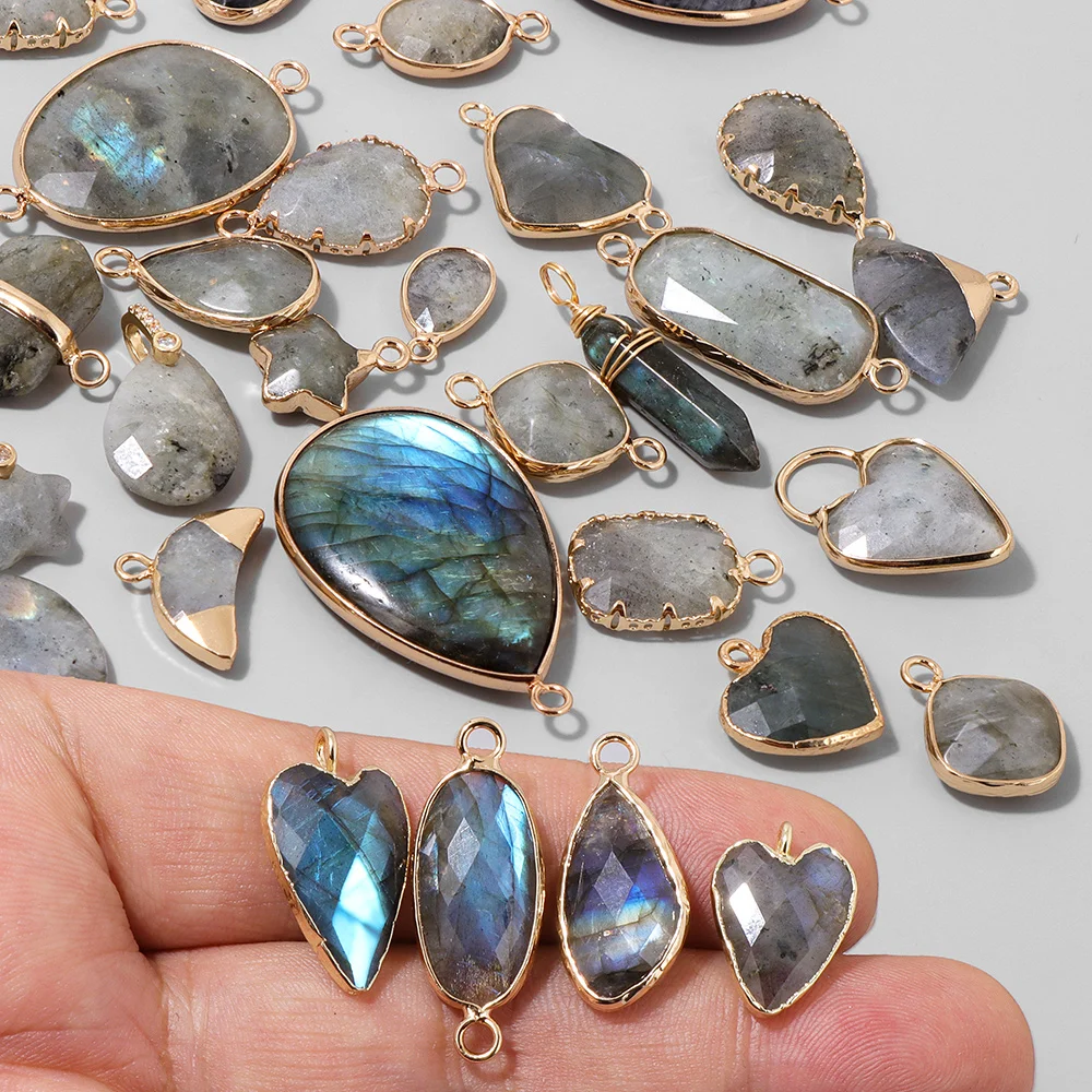 Fashion Natural Shiny Labradorite Stone Pendant Heart Drop Water Oval Shape Connector for Jewelry Making DIY Accessories 2PCS