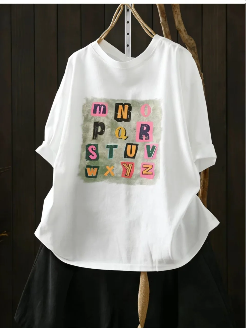 Loose Women's Summer T-shirt Short Sleeve Print Design Creative Commute Style Vintage Brand Removed Casual Fashion Top
