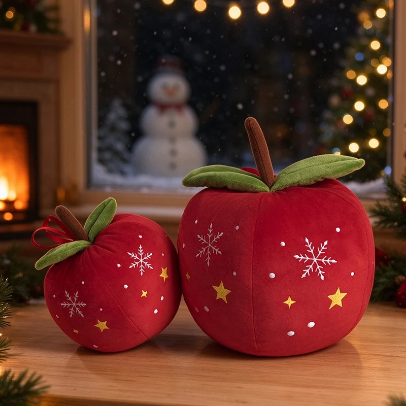 Christmas Apple Plush Pillow Soft Stuffed Fruit Toy Snowflake Star Embroidery Apple Plushie Home Decoration Xmas Gift for Kids