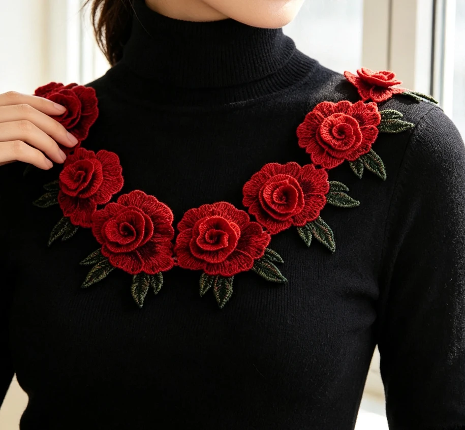 3 Stück rote bestickte Blumen-Aufnäher für Kleidung, Stoff, Hochzeit, Weihnachten, Taschen, Vorhänge, Festdekoration, DIY-Näharbeiten, Reparaturen – Detail 1