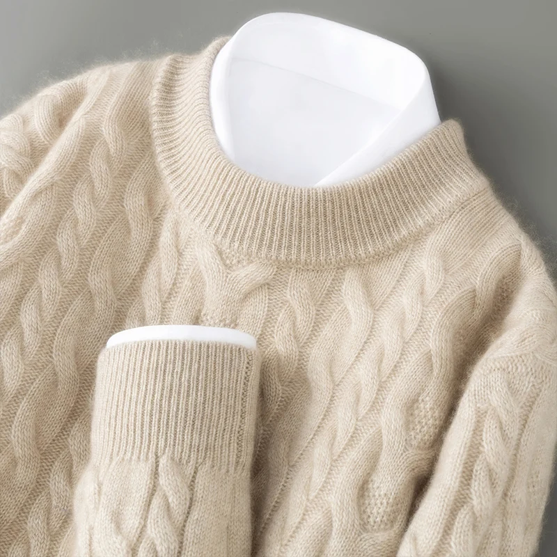 

New Men 100% Pure Wool Sweater Autumn Winter Twist Jacquard Long Sleeve Wool Knitwear Pullover Warm Business Wool Cashmere Tops