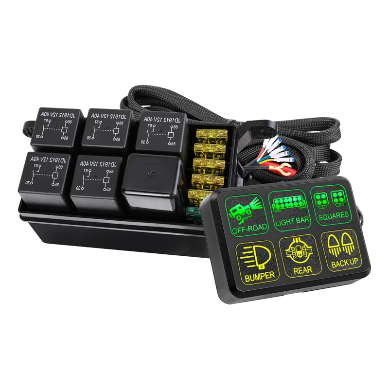 Push Button Switch Panel with Green LED Multi-Functional Wiring Kit for 12V