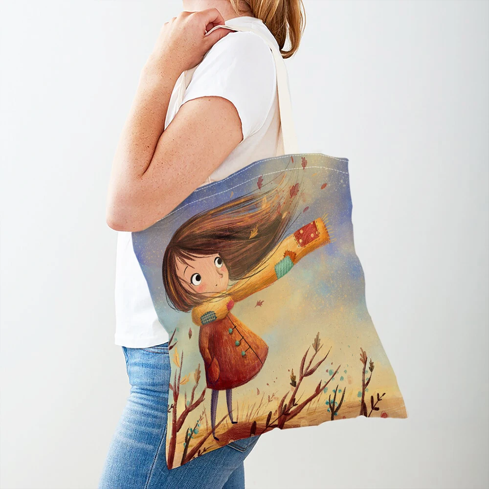 Cartoon Fairy Tale World Little Girl Double Print Women Shopper Bags Ladie Shopping Bag Shoulder Handbag Canvas Children Tote