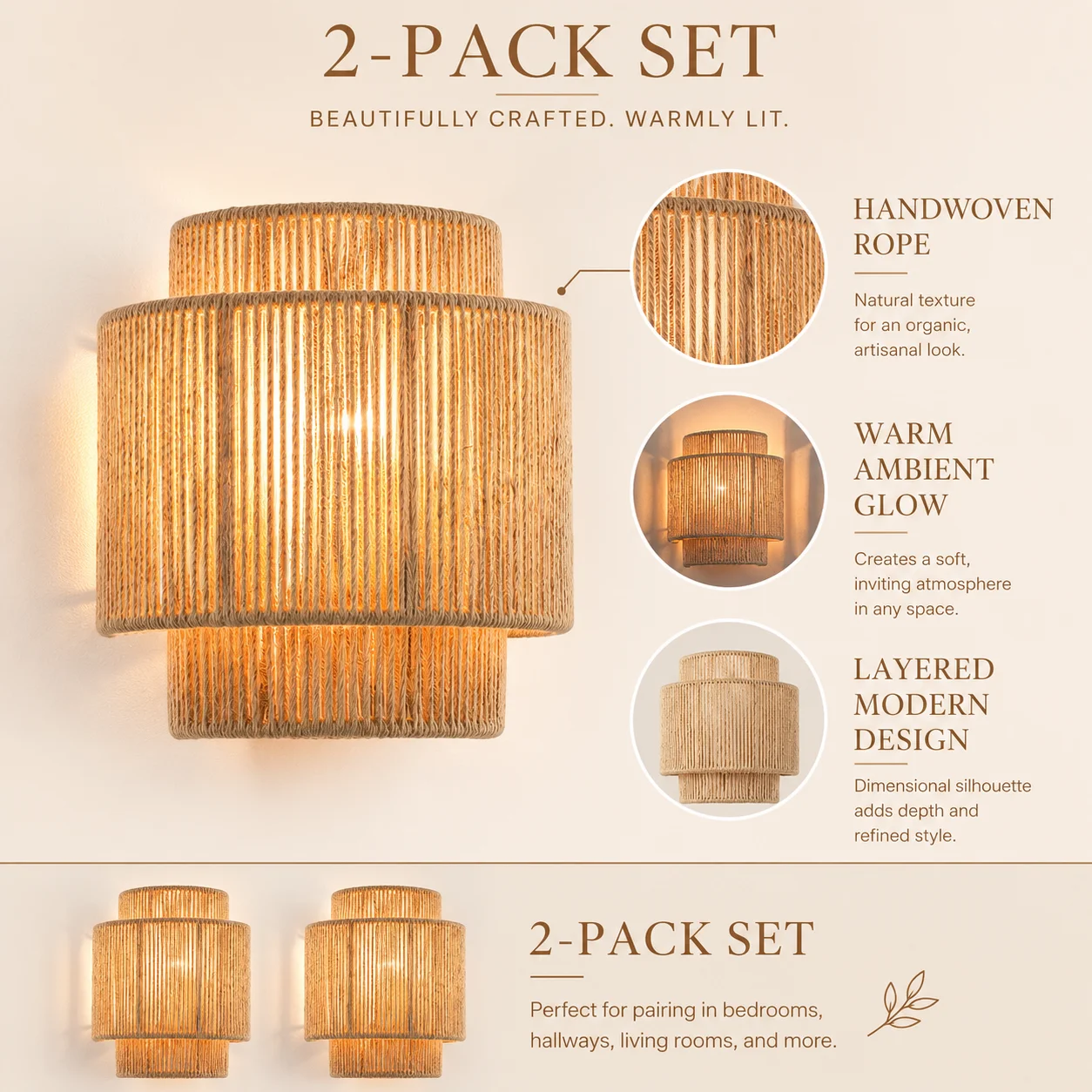 JOYINLED Boho Style Sconce Rustic Hallway E27 Light Fixture Hemp Rope Woven Wall Lighting Fixture for Living Room Bedroom Office
