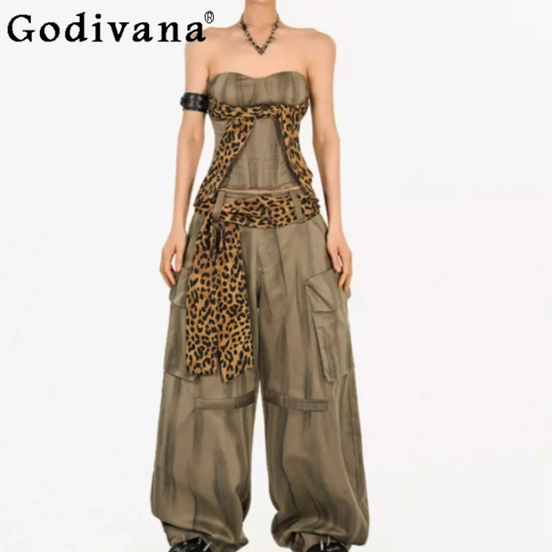 

Summer Sexy Retro Punk Female Fishbone Strapless Top Fashion Leopard Print Lace-up Slash Neck Sleeveless Street Handsome Tops