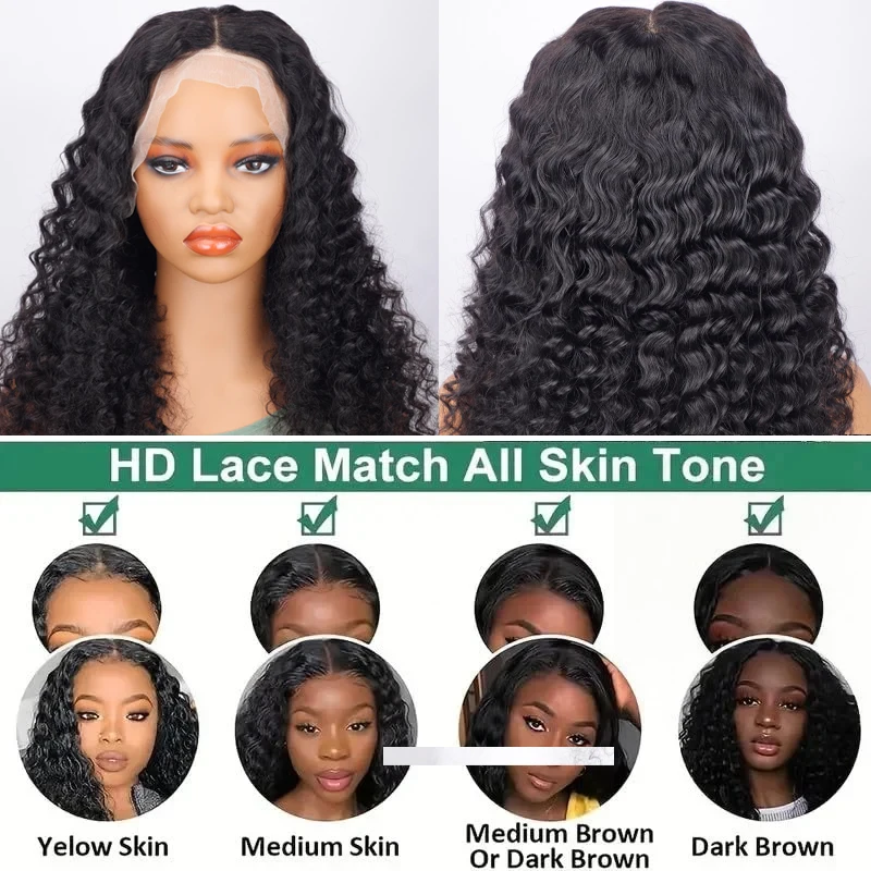 13x4 Deep Wave Lace Front Wig Human Hair Pre Cut 180% Density Natural Color Clear Lace Human Hair Wigs Virgin