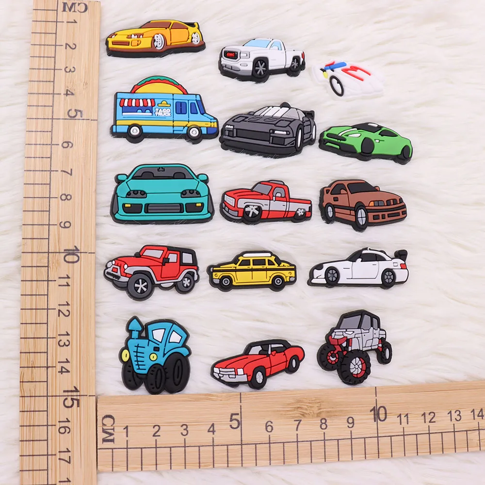 Single Sale 1PCS PVC Shoe Charms Kawaii Car Racing Sports Car Van Truck Bus Slipper Accessories Children Adorable Decorations