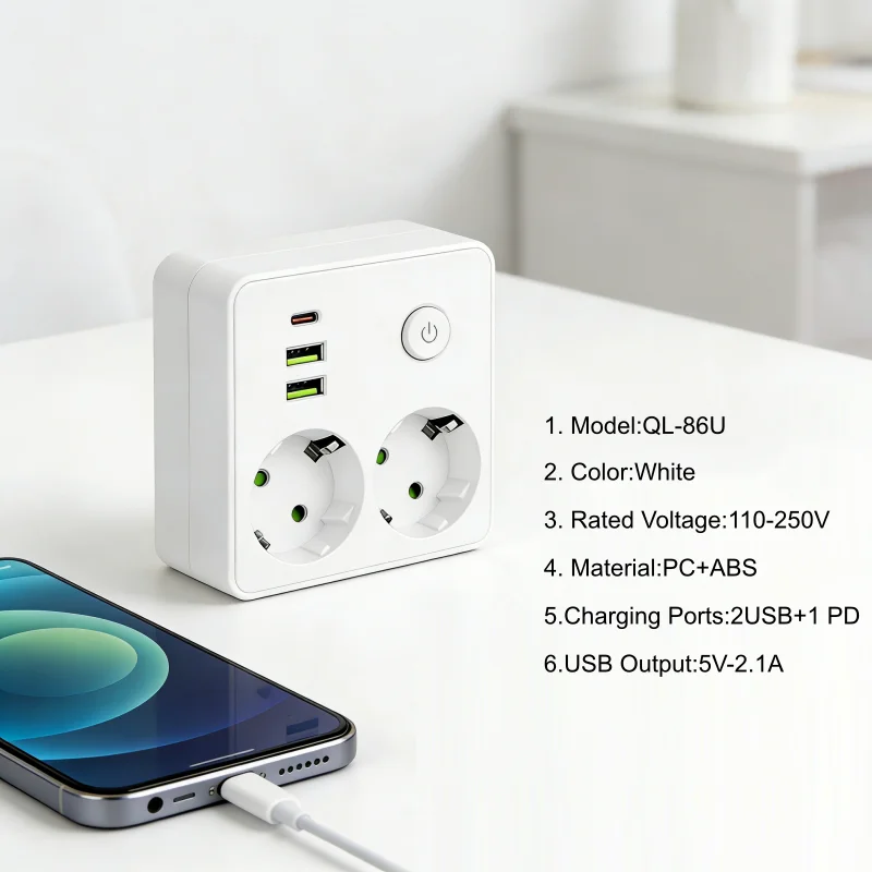 QL-86U Mini Portable EU Plug Socket 2 Sockets Power Strip With 2 USB 1 Type-C Port Wall Power Strip For Home Office College Dorm