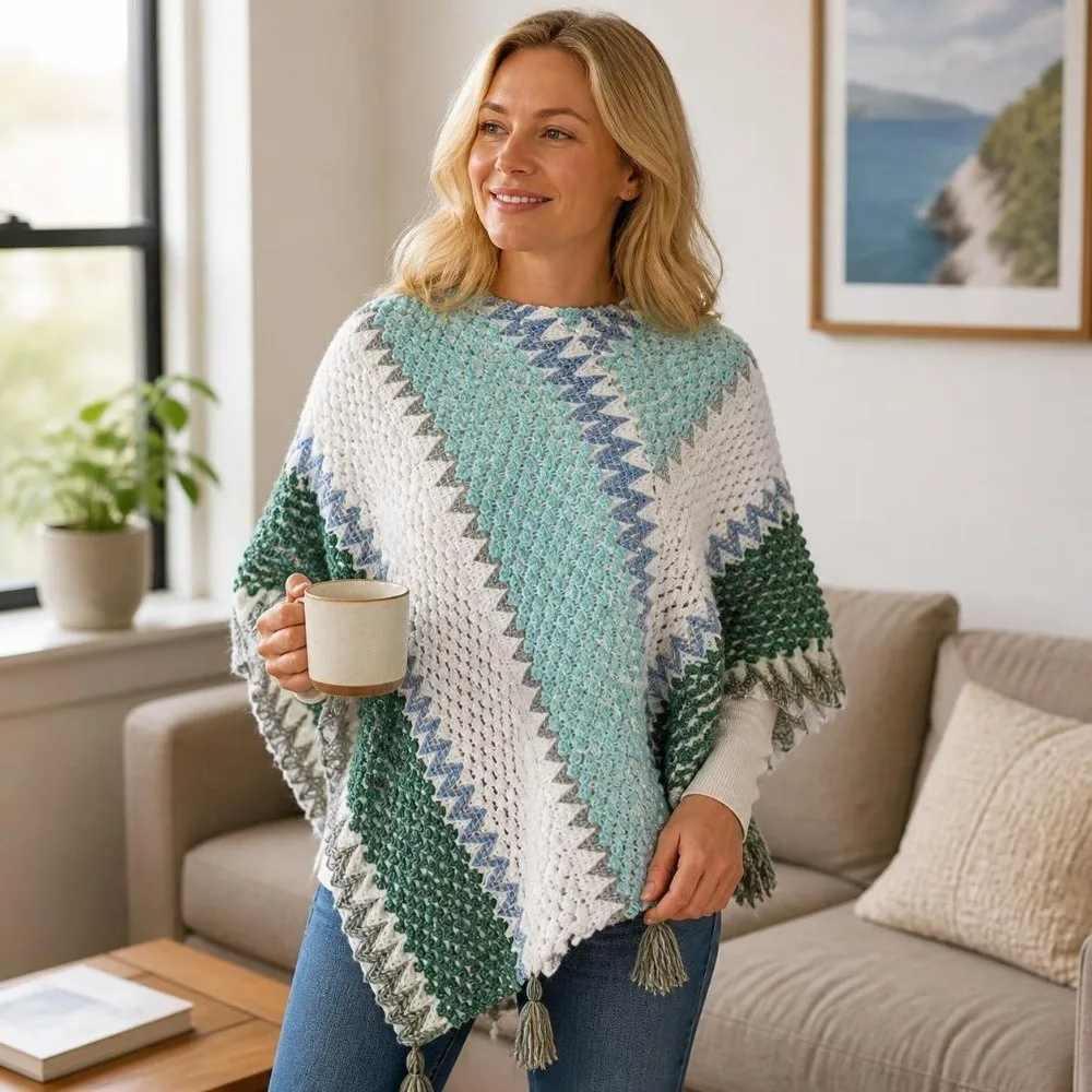 Vintage Color-block Striped Bohemian Knit Poncho Pullover Ethnic Knitted Cape Wrap Boho Tassel Travel Outfit Coverup For Women
