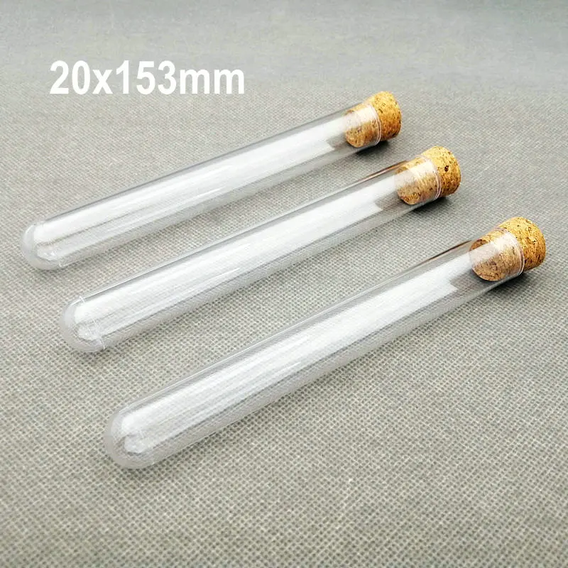 

Lab 20x153mm Transparent Plastic Test Tubes With Cork stopper,Party Candy Bottle Round Bottom Wedding Gift Vial Camellia tube