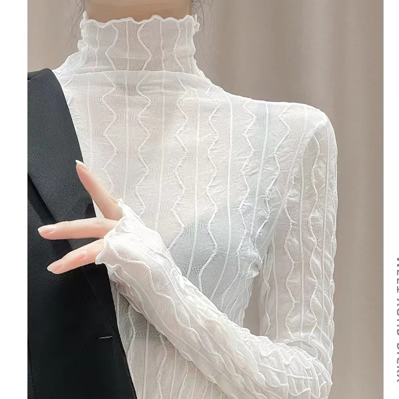 레이스 베이스 이르트 봄 가을 신상 튼튼한 스웨터 이너 네트 하이 칼라 롱 슬리브 다용도 탑 물결무늬 스트라이프