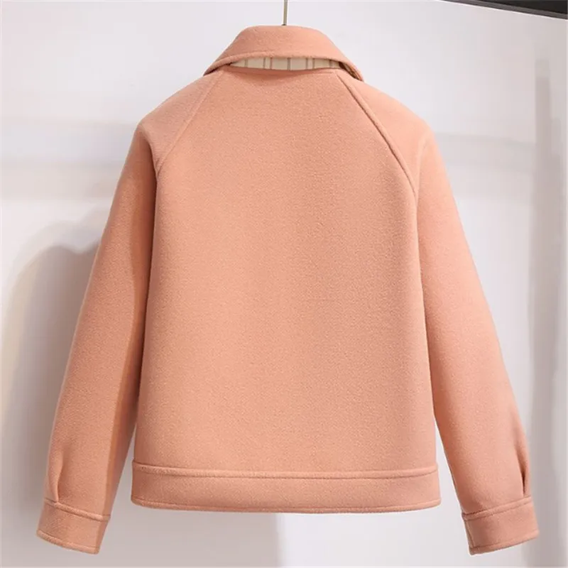 Spring Autumn Short Woolen Coat Women 2023 New Fashion Loose Turndown Collar Jacket Pure Colour Single-Breasted Outerwear Female