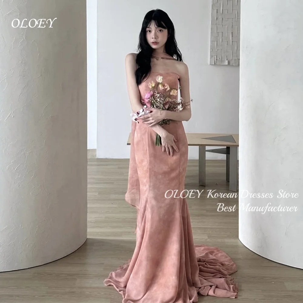 OLOEY Elegant Korean Pink Evening Gown Strapless Draped Bodice Mermaid Silhouette Maxi Bridal Dress Slim Fit Vestidos De Fiesta