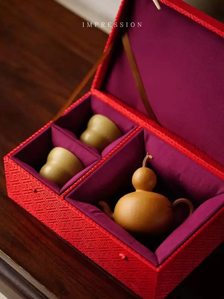 Impression Of Sand Pottery Yixing Purple Gourd One Pot Two Cups Gift Set Segment Clay Fully Handmade 170Cc