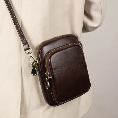 Bolso de mano de cuero genuino para mujer, bolsa pequeña de cuero de vaca curtido vegetal Simple, bandolera para teléfono móvil, tendencia 2024