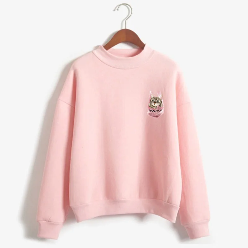 Lovely Pocket Cat Print Women Sweatshirt Sweet Korean O-neck Knitted Pullover Thick Autumn Winter Candy Color Lady Clothing