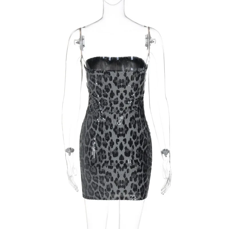 Mini abito aderente senza spalline con paillettes sexy con stampa leopardata da donna Party Clubwear