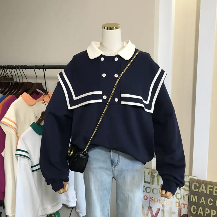 

Sweatshirts Preppy Style Women Panelled Soft Casual Baggy Tender Sailor Collar Fashion Students Daily Cozy Pullover Sweatshirt