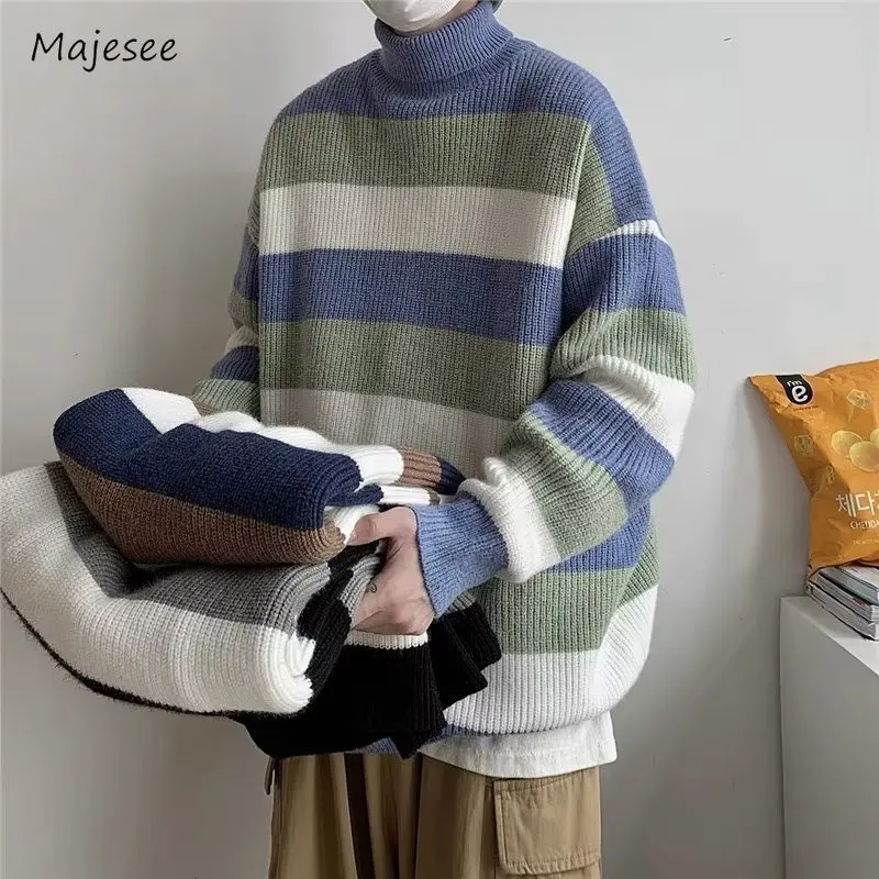 Striped Sweaters Men Slouchy Simple Classic Autumn Winter Turtleneck Panelled Pullovers Japanese Style Male  All-match