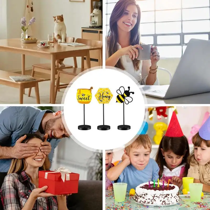 Деревянная вывеска в виде пчелы, 3 шт., соты, настольный деревянный декор, настольный домашний декор, деревенский деревянный фестиваль пчел, стоячие блоки, украшения