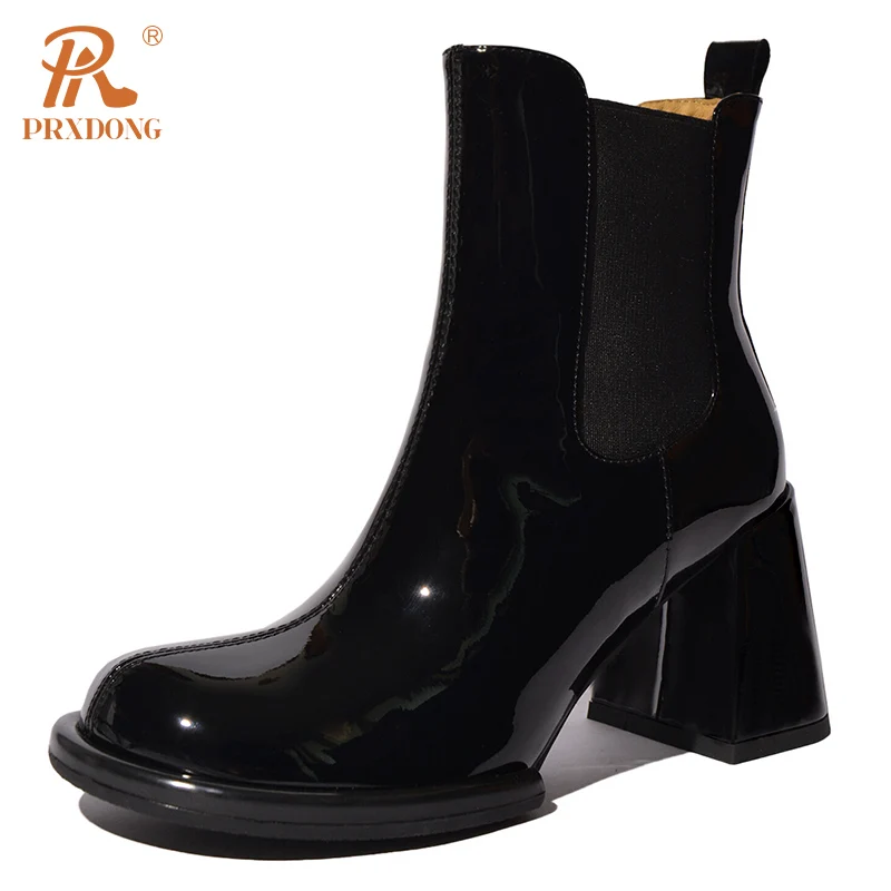 PRXDONG Genuine Patent Leather Autumn WInter Shoes Woman Ankle Boots Square Heels Round Toe Black Red Dress Party Wedding Shoes