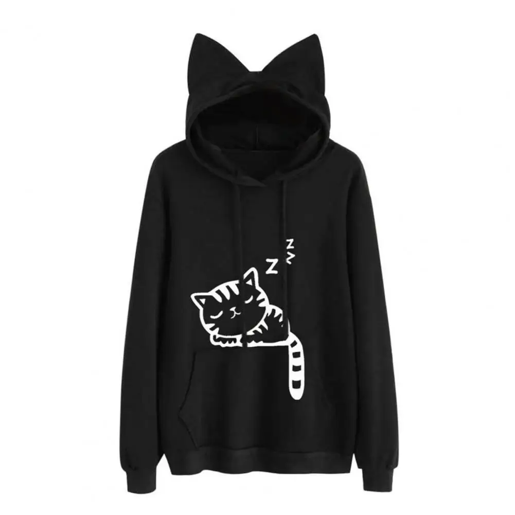 Cute Cat Print Hoodie Cute Cat Ear Hoodie with Big Pocket for Women Cozy Winter Pullover with Kitty Print Loose Fit for Home