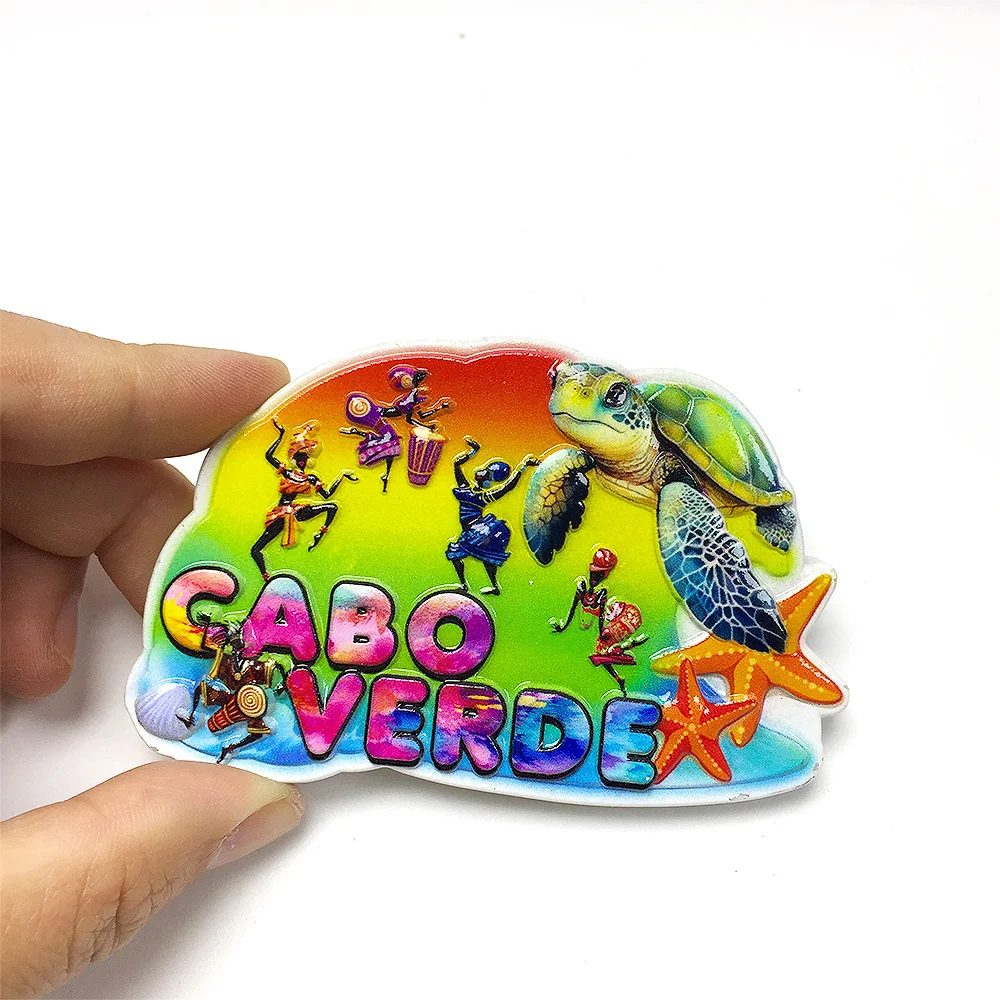 

3D Resin Cape Verde Fridge Magnet – Colorful Cape Verde Islands Decor with Dancing Performers, Sea Turtle, Starfish