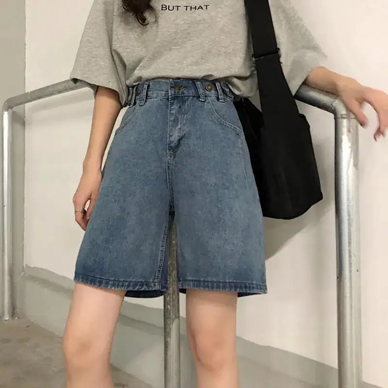 

Retro Korean plus Size Women's High Waist Jeans Shorts Loose Versatile Slimming A-Line Wide Leg Five-Quarter Pants