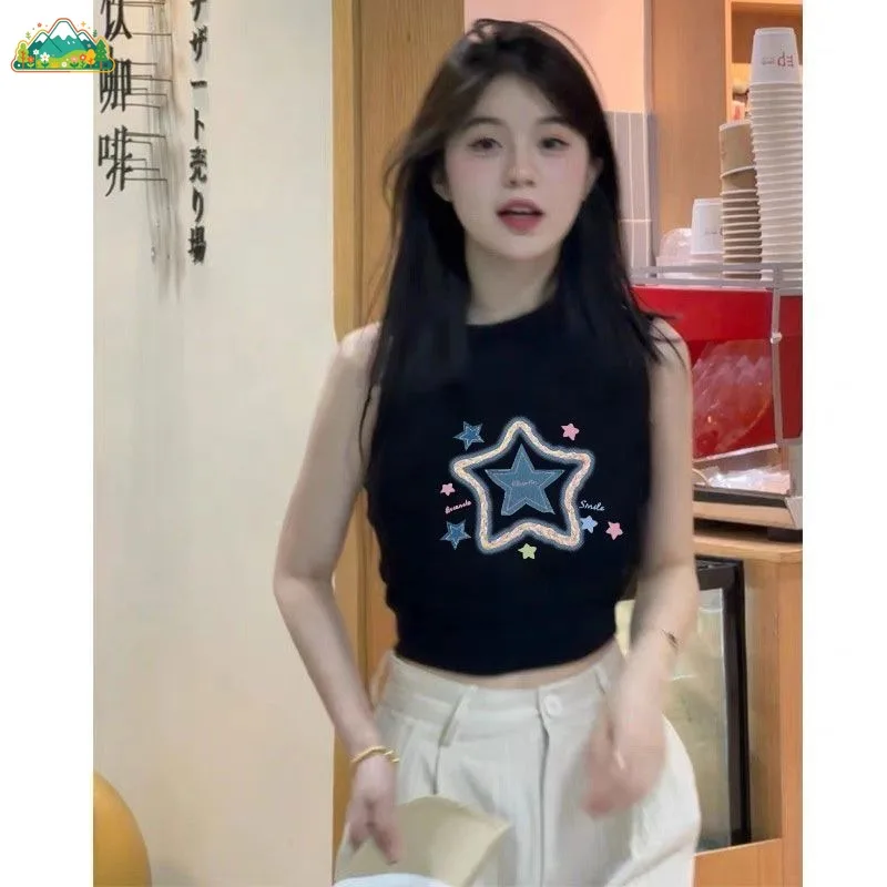 

Summer Star Printed I-shaped Women's Vest, Fashionable American Style Spicy Girl Y2K Camisole, Trendy Girl Sleeveless Top