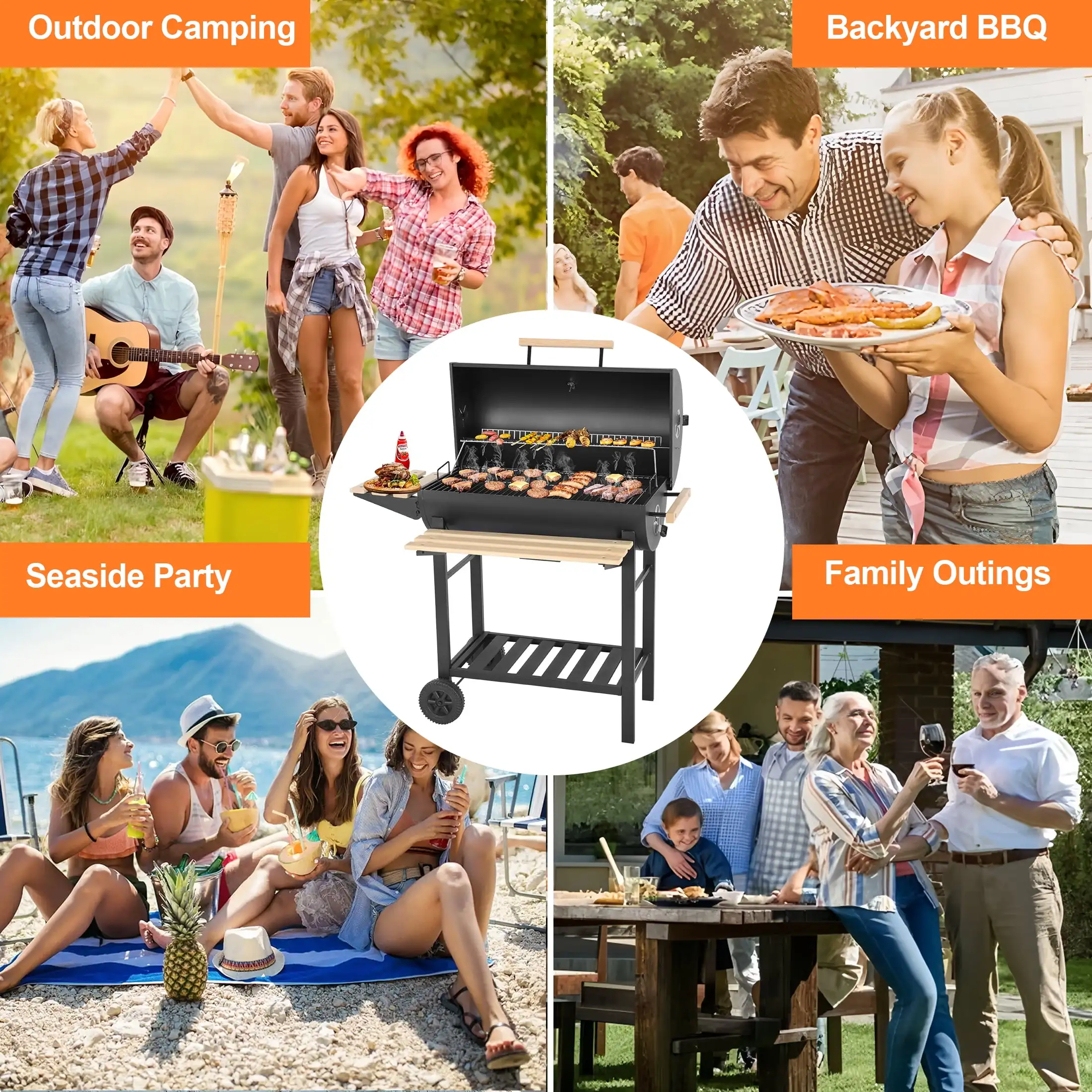 30-Inch Barrel Charcoal Grill with Warming Rack & Front Storage Basket 6