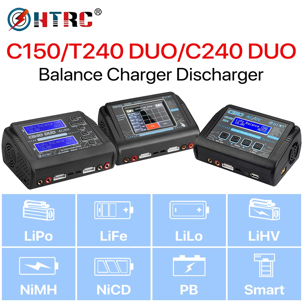 

HTRC T240 C240 DUO C150 Lipo Battery Charger AC/DC Dual RC Charger Battery Discharger 1-15s Touch Screen For Model Car Toy