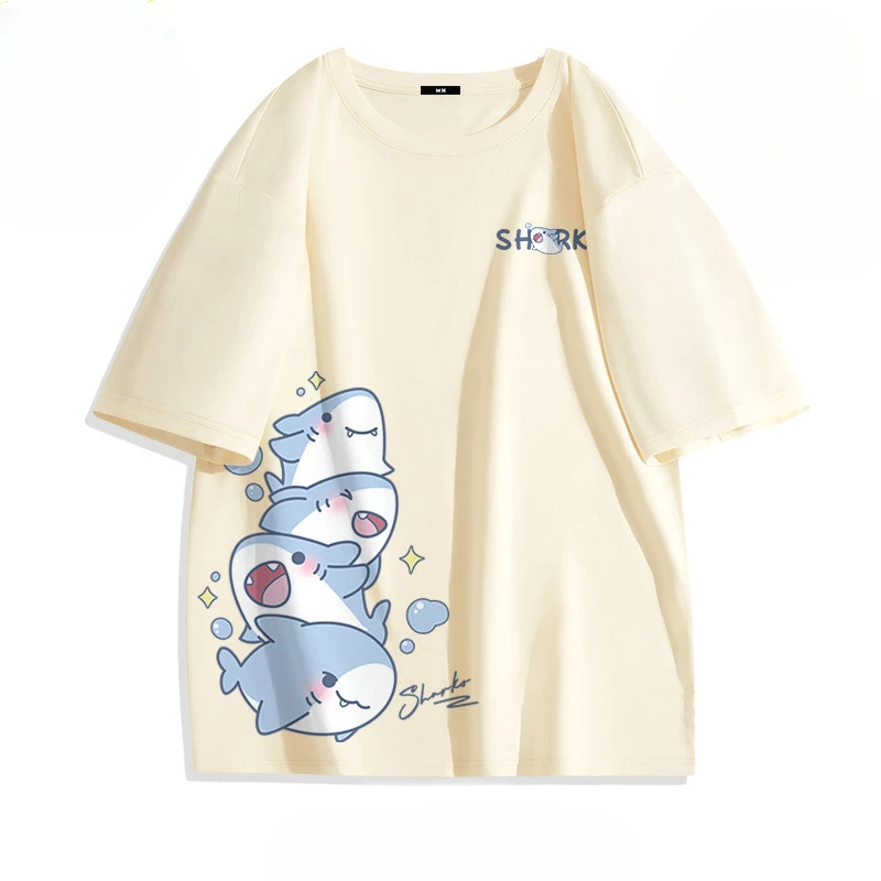 Summer Ice Silk Blue Top Youth Breathable Half Sleeve Large Loose Tee Men's Cute Shark Cartoon Print Short Sleeve T-shirt image 5
