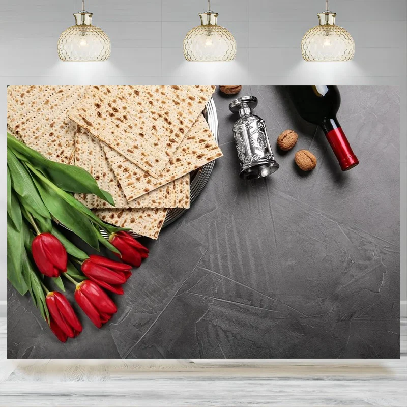 Happy Passover Backdrop Jewish Holiday Decoration Tulips Jewish Pesach Festival Background Decor Party Photographic Banner