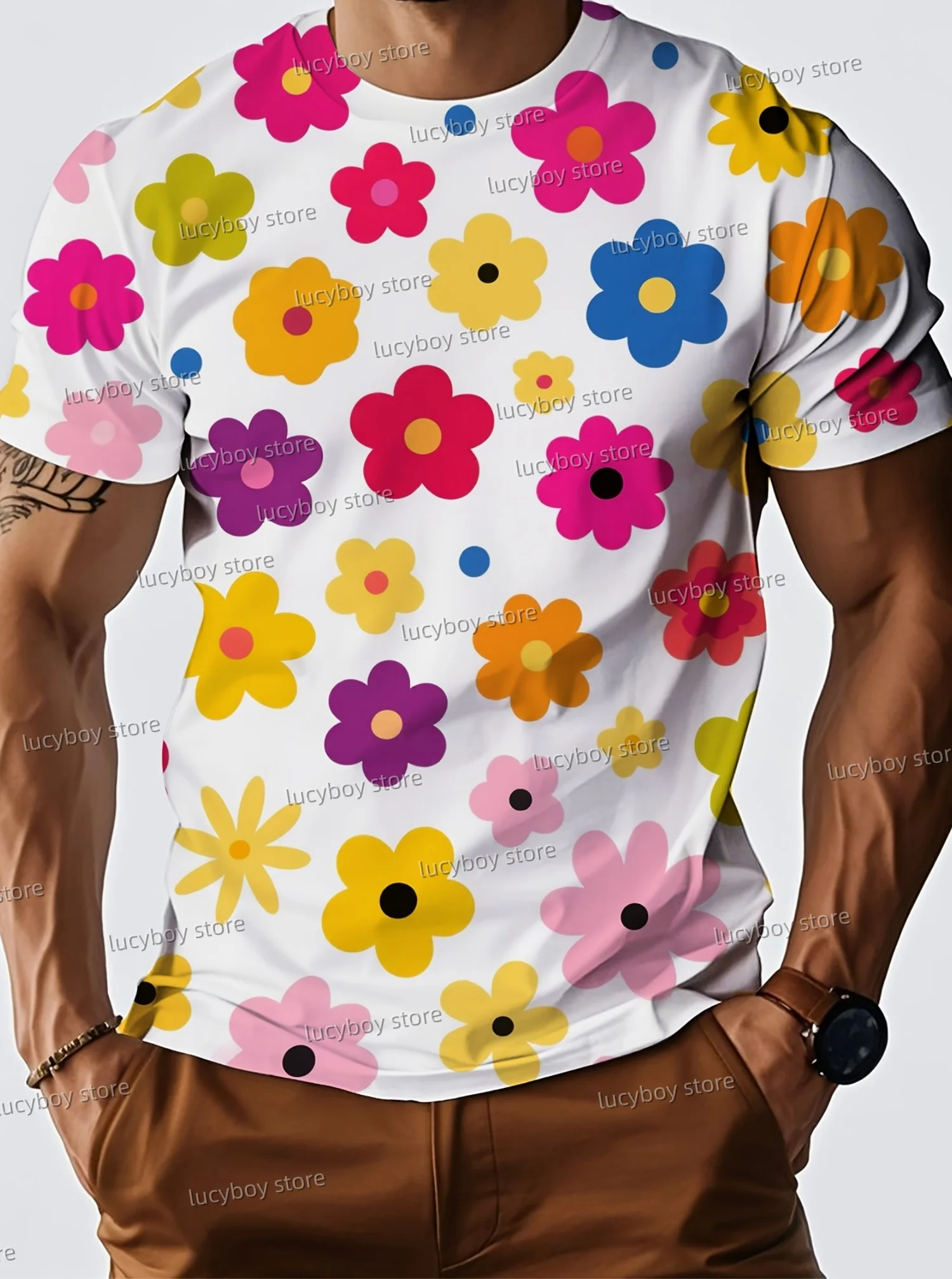 

2025 Summer Men Sports Comfortable Men's Retro Floral Print Crew Neck Short-Sleeved Top Daily Street Men T-Shirt