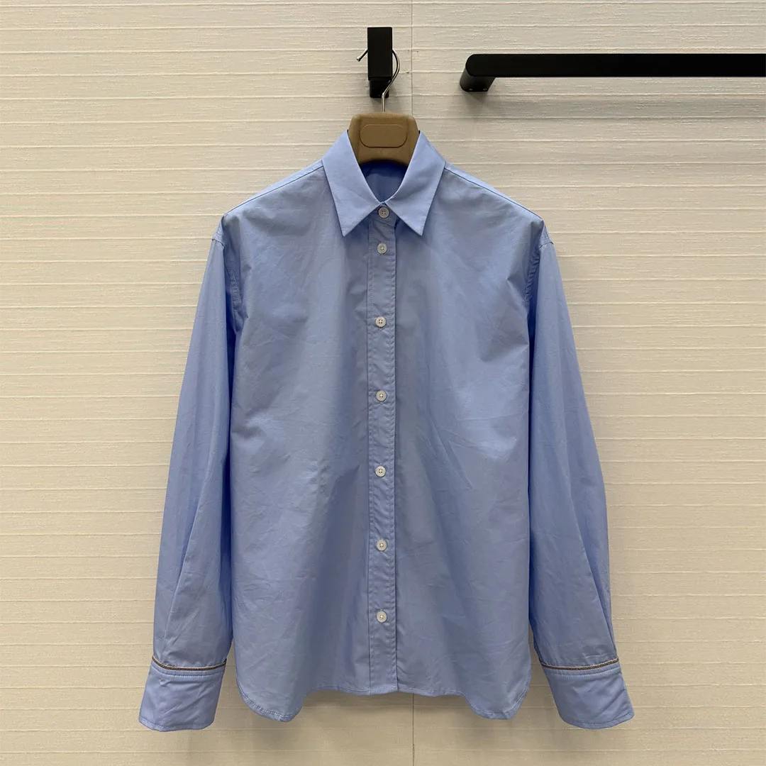 

Элегантная женская синяя хлопковая рубашка 2026 года, новая весенняя модель с отложным воротником, длинными рукавами и декором из медной цепочки, повседневная свободная блузка-топ для женщин