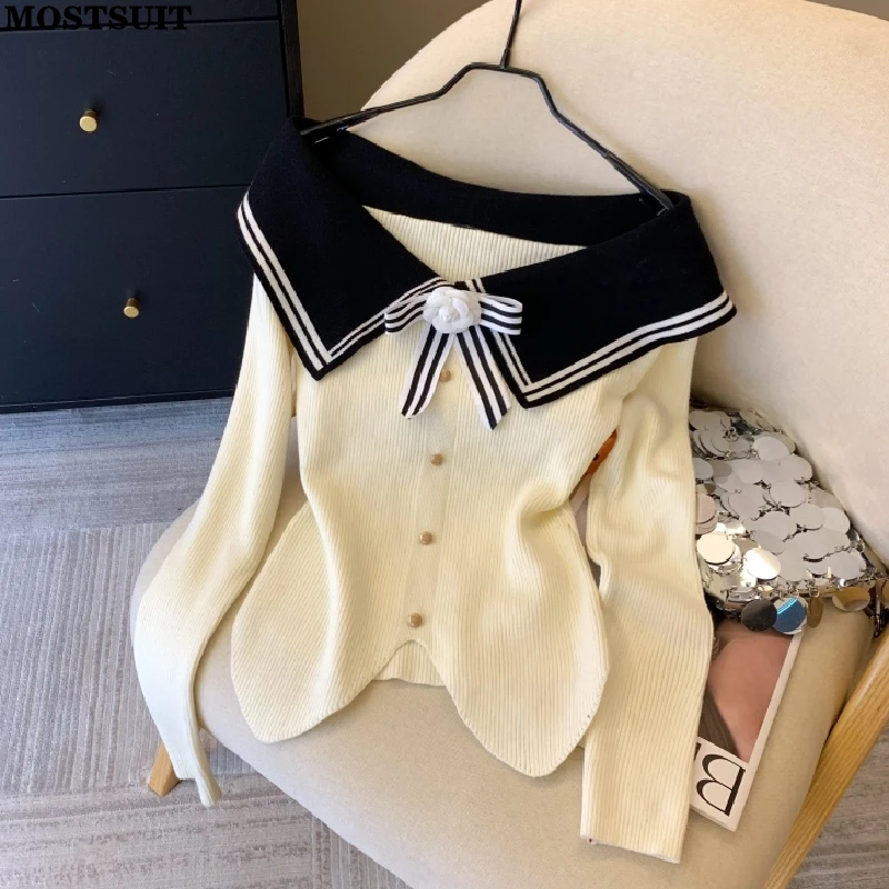 

Bowtie Off-shoulder Knitted Sweater Tops Women Autumn Winter Long Sleeve Slim Elegant Chic Ladies Knitwear Jumpers Tops 2025