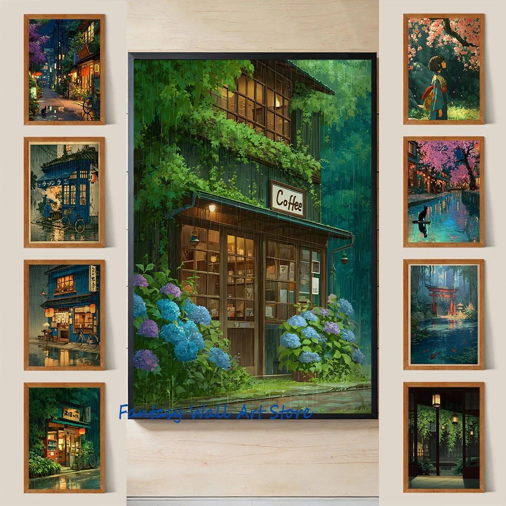 Anime Japanische Straßenszene Café-Shop-Poster Klassischer Japanischer Anime-Stil Straßencafé Wandkunst Leinwandgemälde Heim-Wanddekoration