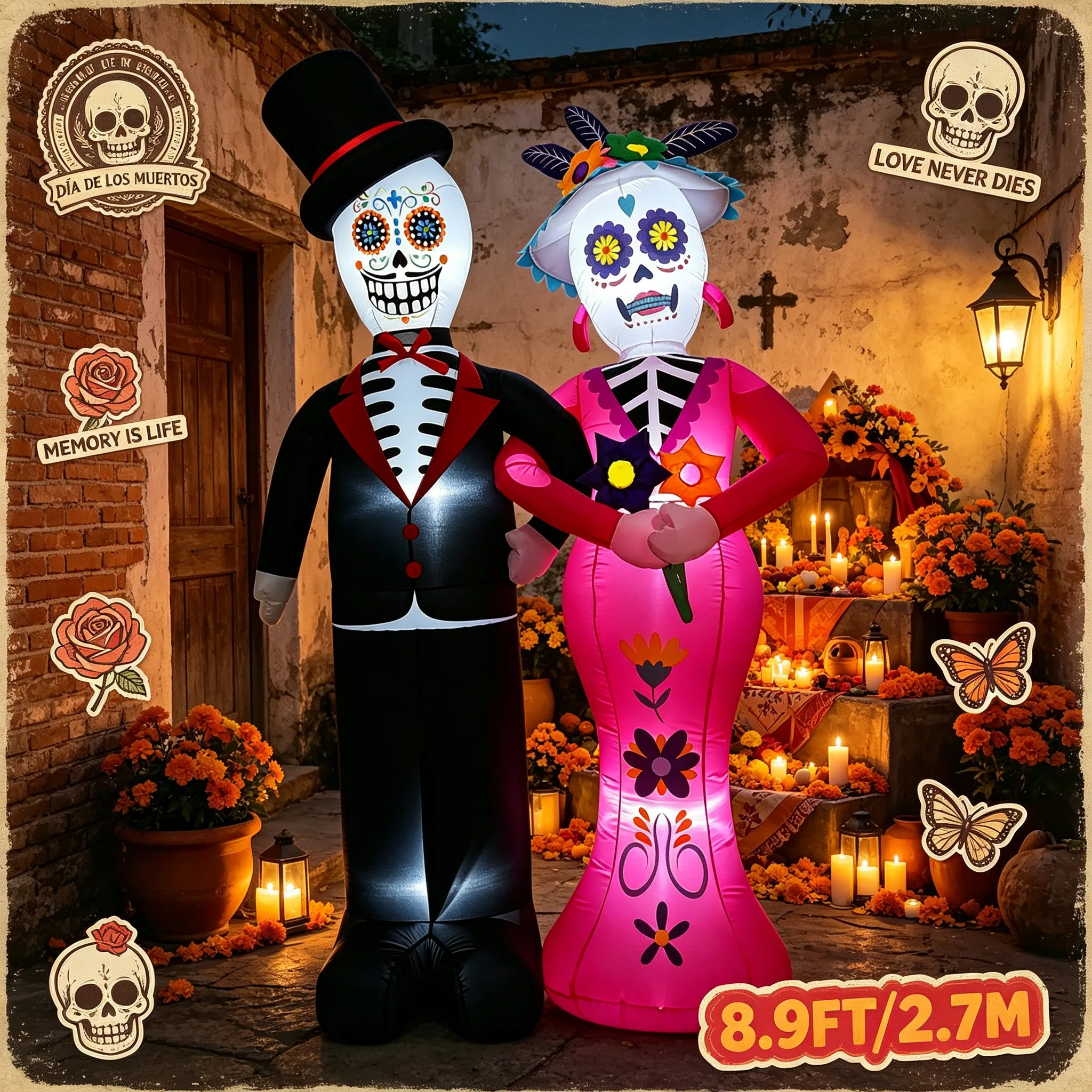 Dia de los Muertos Skeleton Couple Outdoor Holiday Decorations LED Inflatable Model For Backyard Garden Party Decor
