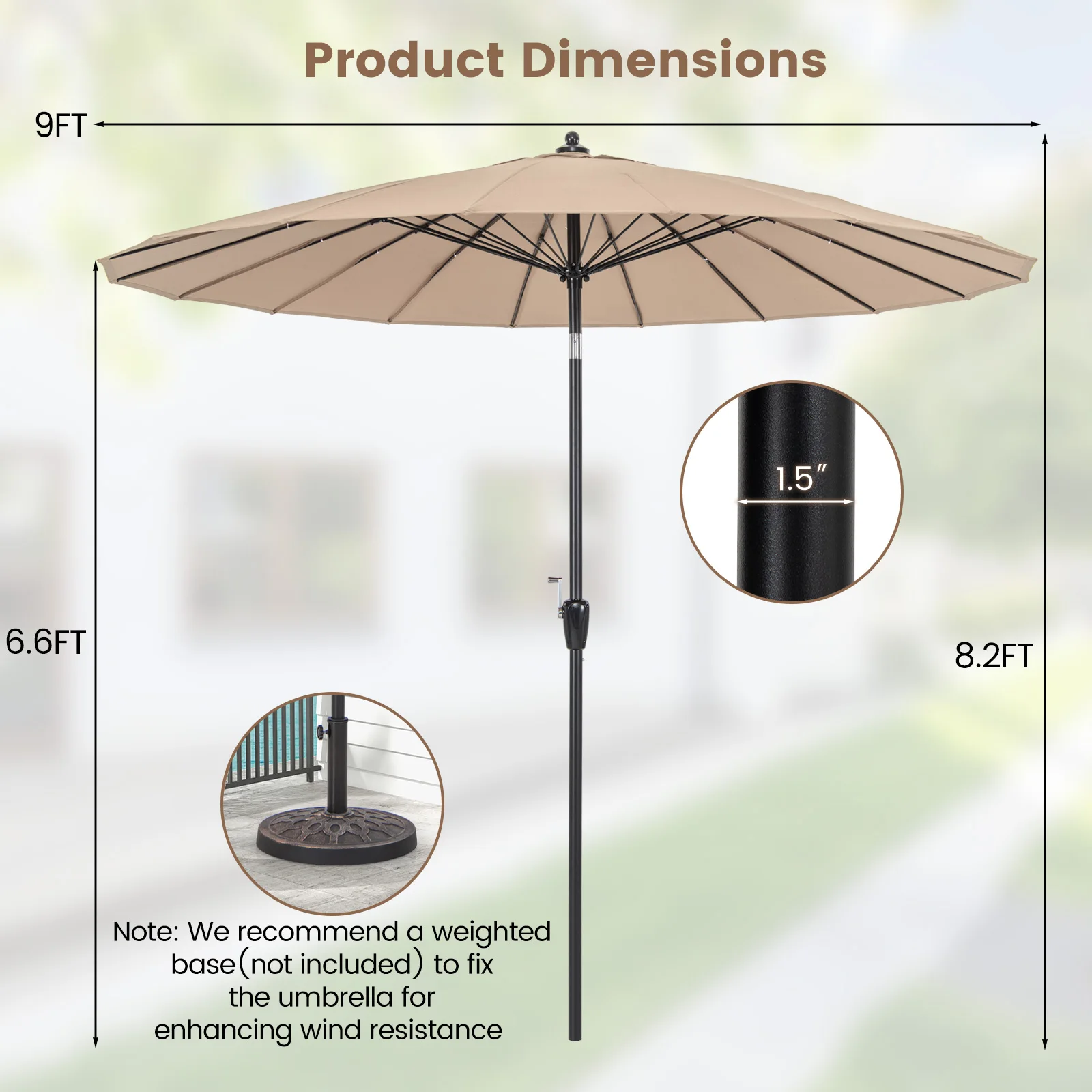 9 FT Patio Round Market Umbrella w/ Push Button Tilt, Crank Handle, Vented Top