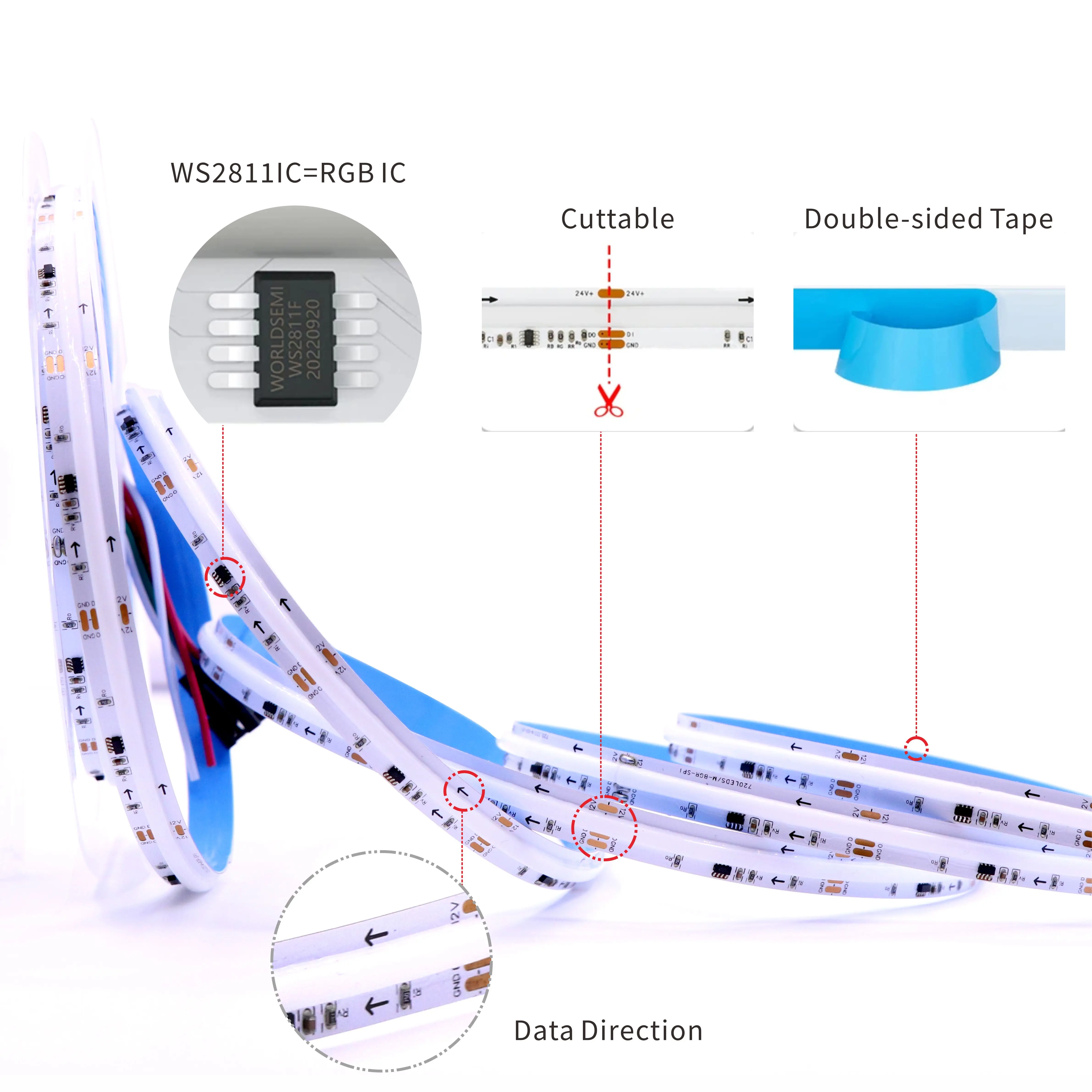 Faixa de luz LED que muda de cor COB, DC 12V/24V, 720 LEDs/M. É uma faixa de luz LED endereçável e programável que muda de cor,