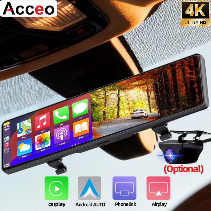 Acceo 4K Dashcam Rearview Mirror Car DVR with Android Auto Wireless Carplay Built-in WiFi Support 1080P Rearview Camera Recorder