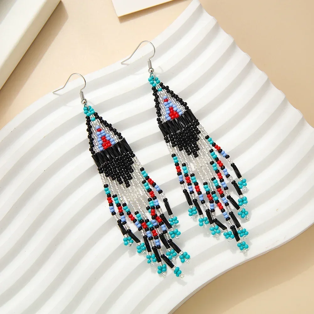ZGMXR Bohemia Geometry Versatile Rice Bead Earrings - Hand Knitting Beaded Simple Fashion Colored Originality Tassel earrings