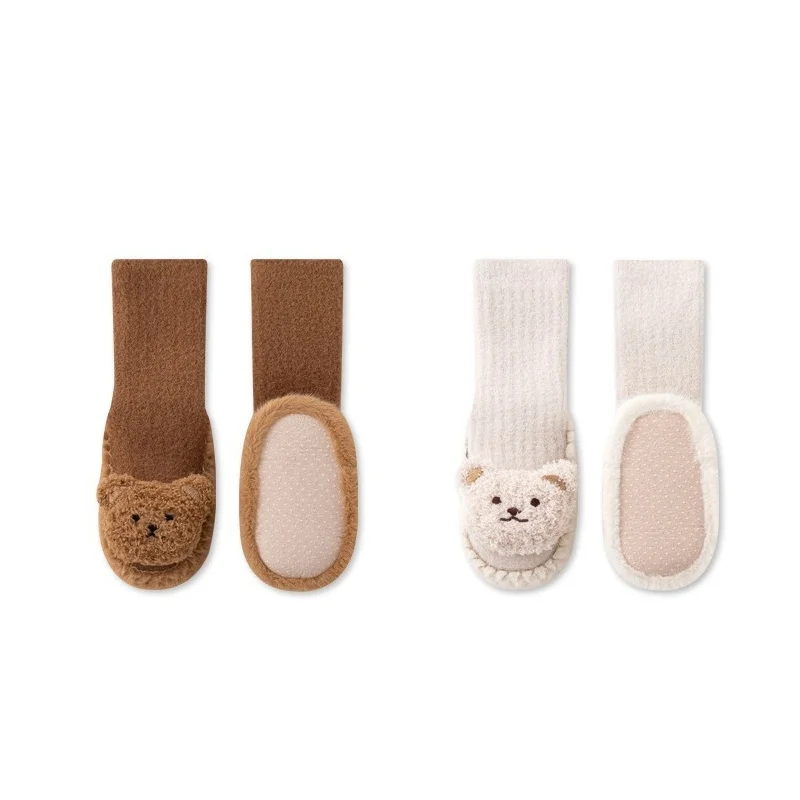 

1/2 пары детских кожаных подошв, осенне-зимние толстые теплые детские прогулочные носки, обувь с рисунком медведя, напольные носки для малышей, От 0 до 18 месяцев