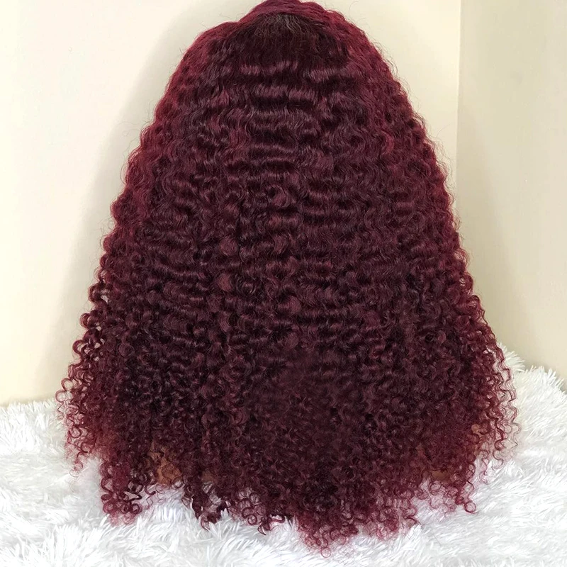 Peruca dianteira do laço encaracolado para mulheres negras, cabelo do bebê, resistente ao calor, sem cola, pré-arrancadas, Borgonha, perverso, longo, 180 densidade, 26in, 99j