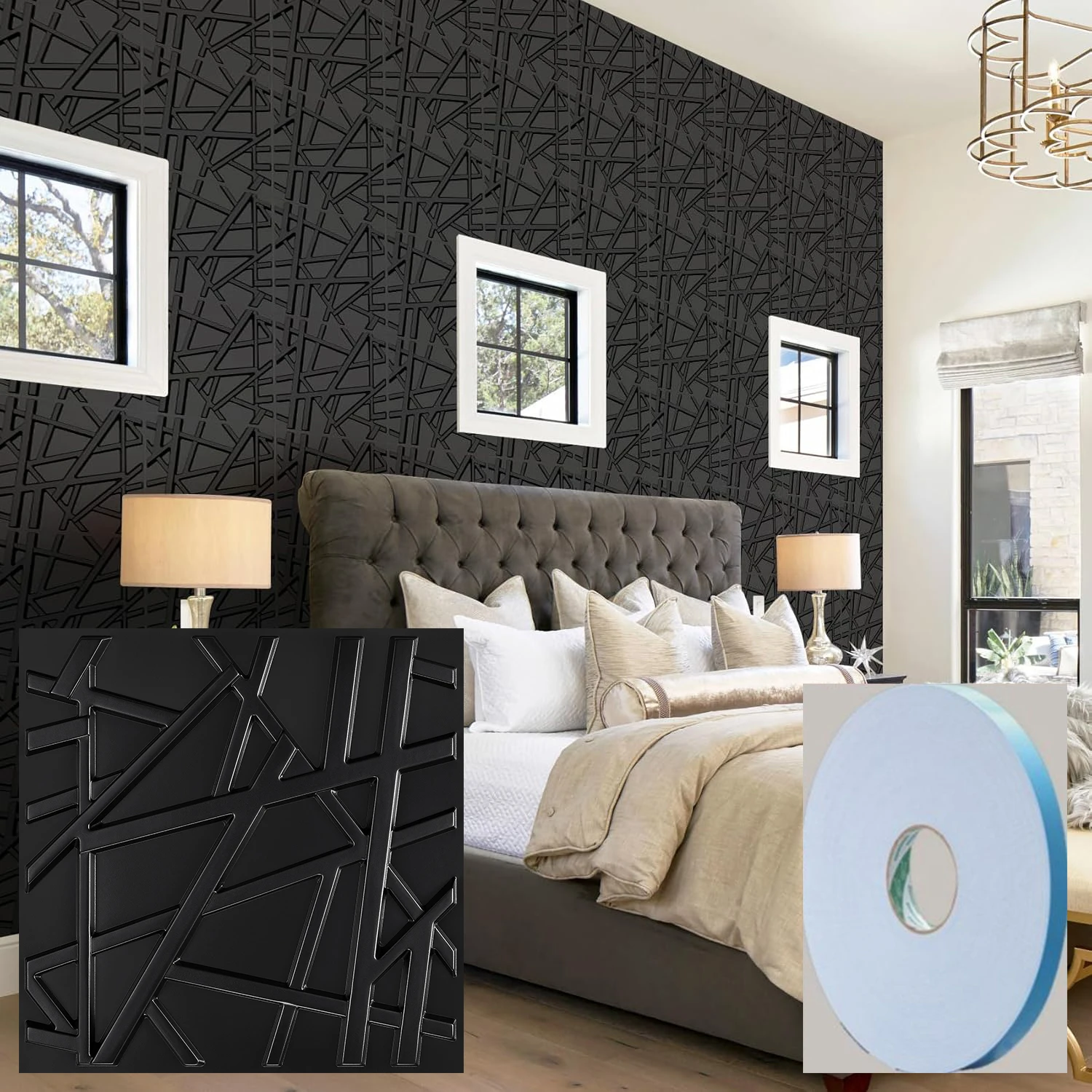 

3D wall panels for interior wall decoration, ideal for living rooms, bedrooms, hotels, and offices. Includes adhesive tape.