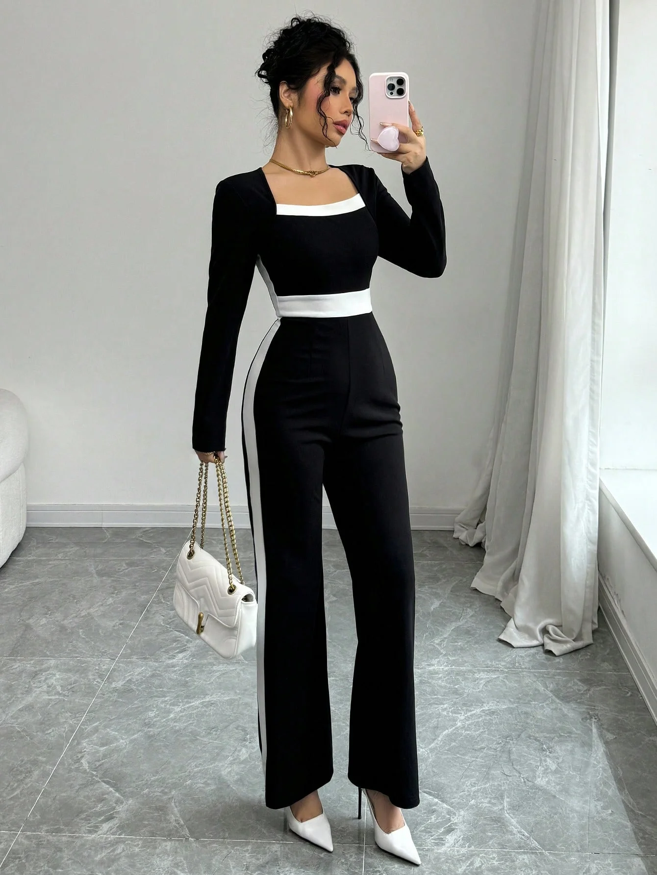 Europäischer und amerikanischer Damen-Frühlings- und Herbst-Damen-Overall mit elegantem Temperament, Patchwork, langärmelig, quadratischem Ausschnitt und schmaler Passform