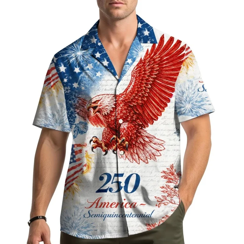 

USA 250th Anniversary Eagle Hawaiian Shirt For Men Customized 3D Printed Short Sleeves Summer Button Blouses Lapel Aloha Shirts