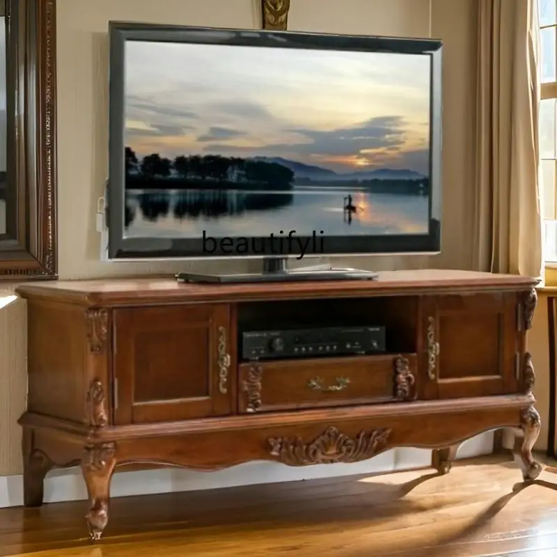 American Style Solid Wood TV Cabinet Living Room European Style High Vintage Floor Cabinet Walnut Color Storage Cabinet