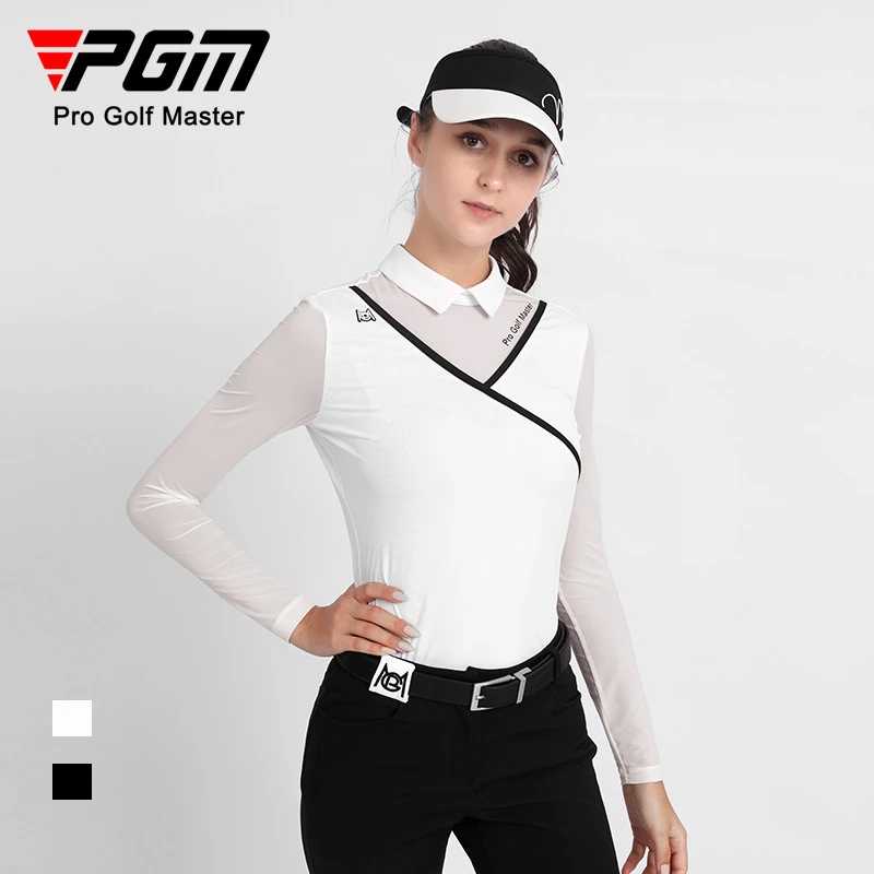 PGM Women Long Sleeve Golf T-shirt Ladies Ice Silk Breathable Tops Women Elastic Lapel Golf Shirt Female Back Zipper Sportwear