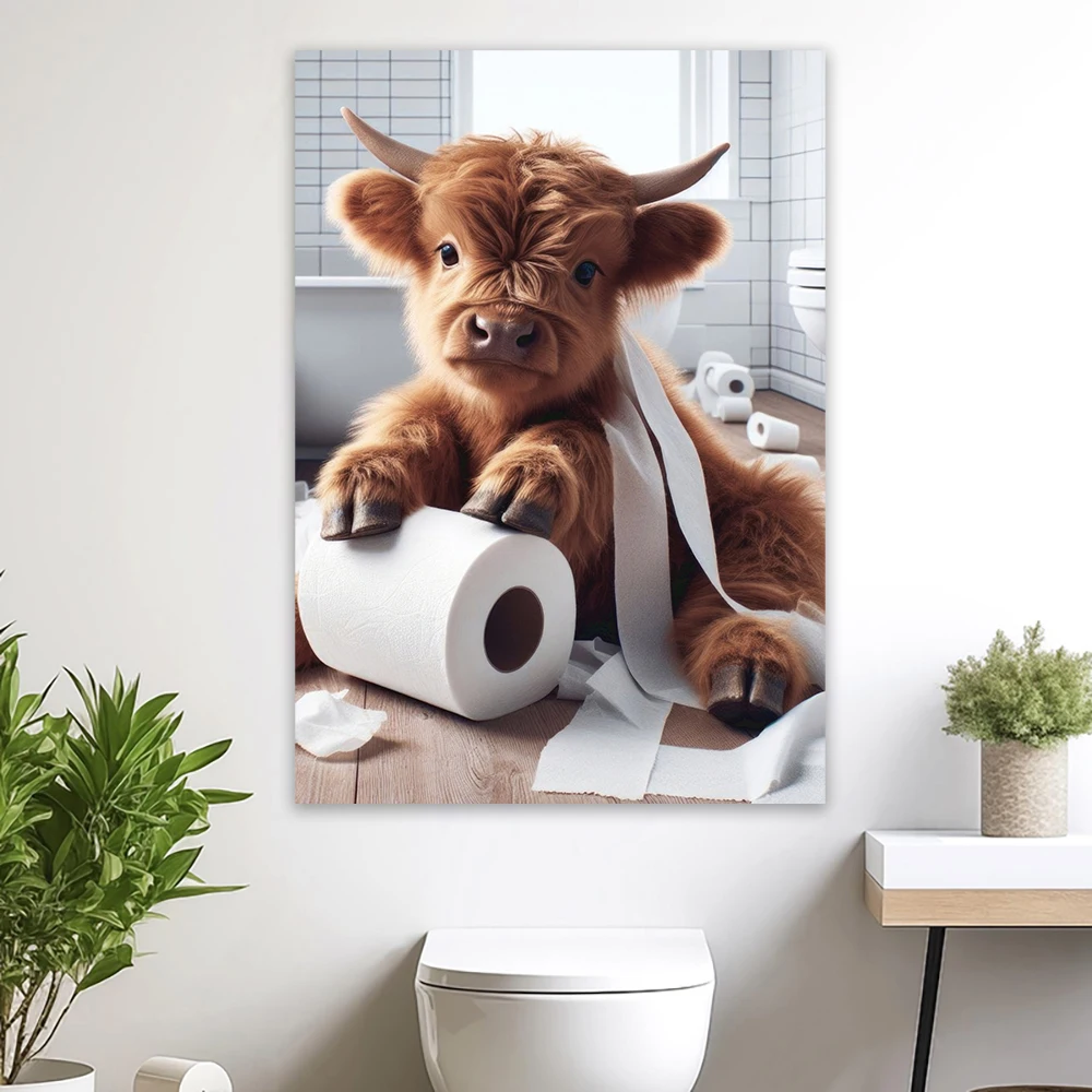 

3 PCS Farm Animal Humor Prints Bathroom Scottish Highland Cow Canvas Painting Decor Whimsical Canvas Poster Home Toilet Decor